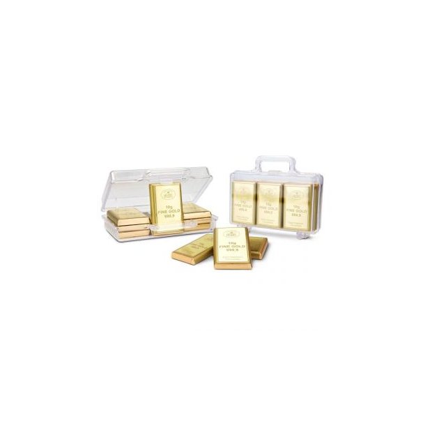 Geschenkartikel / Präsentartikel: Goldkoffer mit 12 Goldbarren, Edelvollmilch-Schokolade (120 g)