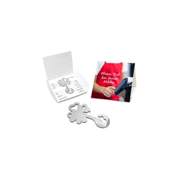 Geschenkartikel / Präsentartikel: ROMINOX® Key Tool Lucky Charm / Kleeblatt Glücksbringer (19 Funktionen) im Motiv-Mäppchen Große Helden (Einzelhandel)