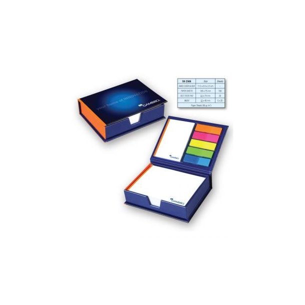 Hardcover-Box mit Notizzetteln, Haftnotizen und Indexstreifen